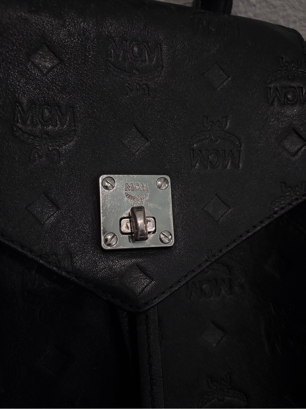 MCM Black Embossed Leather Drawstring Mini Backpack with Top Handle - Picture 3 of 9